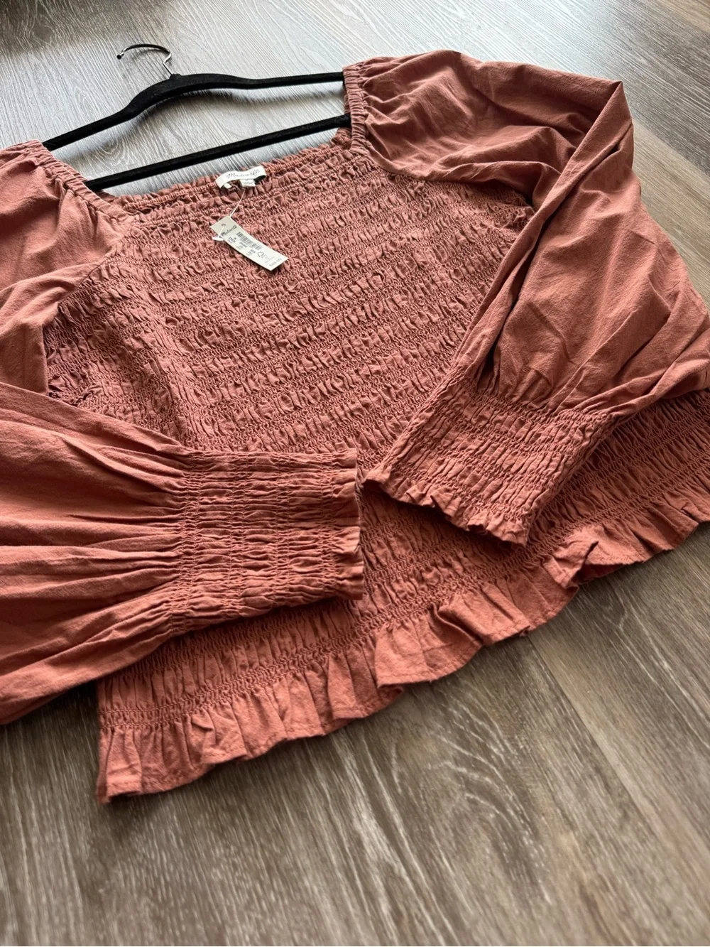 NWT Madewell Smocked Puff Sleeve Top Rust M